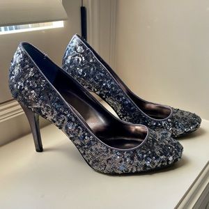 Slate gray sequin pumps